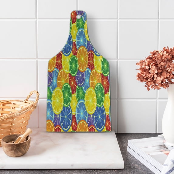 Abstract Cutting Board, Colorful Slices of Orange Tropical Fruit Rainbow Color Fun Design, Decorative Tempered Glass Cutting and Serving Board, Wine Bottle Shape, Yellow Blue Green, by Ambesonne