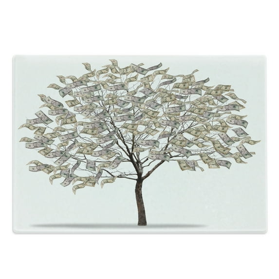 Abstract Cutting Board, Digitally Generated Surreal Riches Tree with Money Shape Leaves on Plain Backdrop, Decorative Tempered Glass Cutting and Serving Board, in 3 Sizes, by Ambesonne