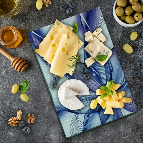 Abstract Cutting Board, Geometrical Smoke Like Striped Huge Flower Floral Design Work of Art, Decorative Tempered Glass Cutting and Serving Board, Small Size, Purple White and Blue, by Ambesonne