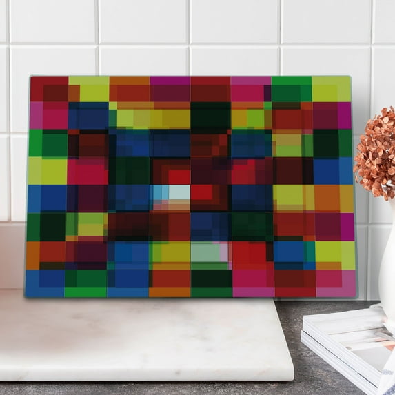 Abstract Cutting Board, Halftoned Colorful Mosaic Pattern Squares Digital Like Effect Tile Grid Print, Decorative Tempered Glass Cutting and Serving Board, Large Size, Multicolor, by Ambesonne