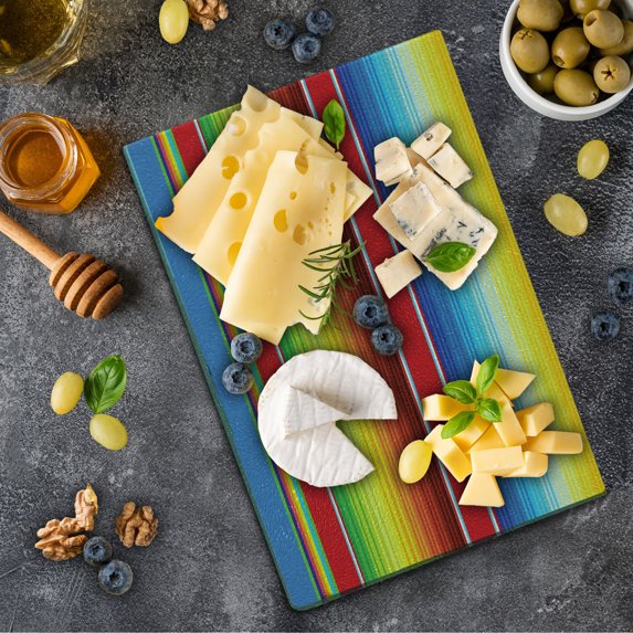 Abstract Cutting Board, Horizontal and Colored Blanket Rug Lines Pattern Vibrant Abstract Design, Decorative Tempered Glass Cutting and Serving Board, Small Size, Multicolor, by Ambesonne