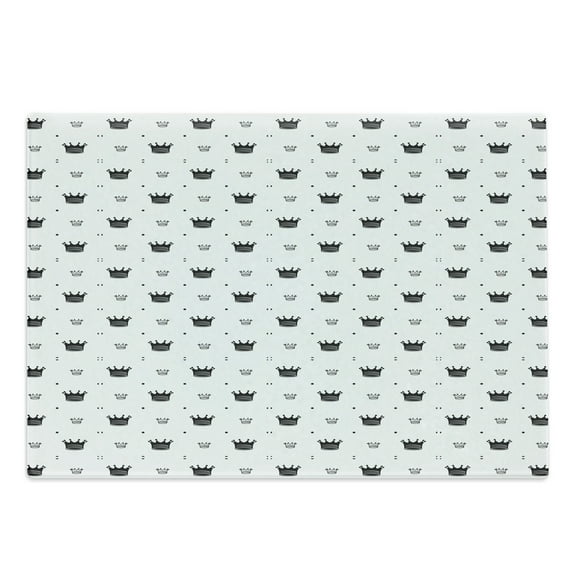 Abstract Cutting Board, Humor Pattern with Several Sized Crown on Striped Background Illustration, Decorative Tempered Glass Cutting and Serving Board, Large Size, Black White, by Ambesonne