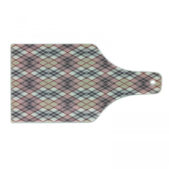 Abstract Cutting Board, Irish Vintage Fashion Tartan Motif Royal Lines Picture Print, Decorative Tempered Glass Cutting and Serving Board, Wine Bottle Shape, Pale Pink Ivory Grey, by Ambesonne