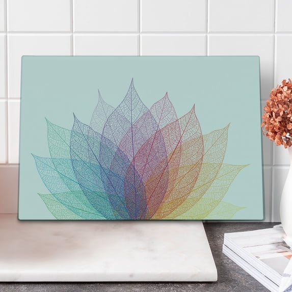 Abstract Cutting Board, Leaf Abstract Art 4 Season Flora Delicate and Nature Theme, Decorative Tempered Glass Cutting and Serving Board, Large Size, Yellow Red Green, by Ambesonne