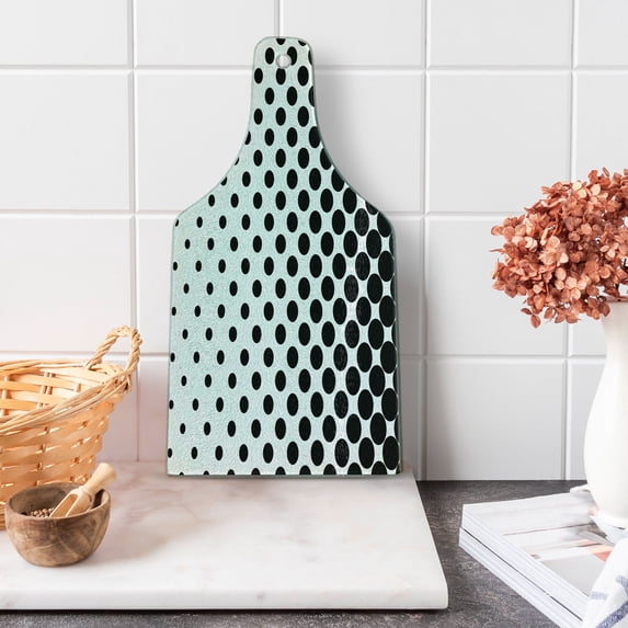 Abstract Cutting Board, Minimalist Monochrome Dots in Black Growing Big from Bottom to Top Polka Dots Image, Tempered Glass Cutting and Serving Board, Wine Bottle Shape, White, by Ambesonne