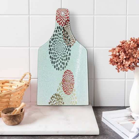 Abstract Cutting Board, Modern and Cool Design Surreal Dots Like and Circled Design Art, Decorative Tempered Glass Cutting and Serving Board, Wine Bottle Shape, Maroon Grey Red, by Ambesonne