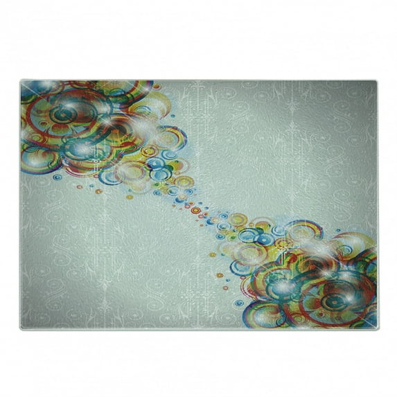 Abstract Cutting Board, Modern Design Rainbow Like Waves and Circles Patterned in Disco Themed Art, Decorative Tempered Glass Cutting and Serving Board, Small Size, Multicolor, by Ambesonne
