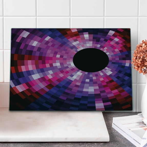 Abstract Cutting Board, Mosaic Pattern Design Vibrant Colors Tiles Modern Circular Geometric Graphic, Decorative Tempered Glass Cutting and Serving Board, Large Size, Pink Purple Red, by Ambesonne