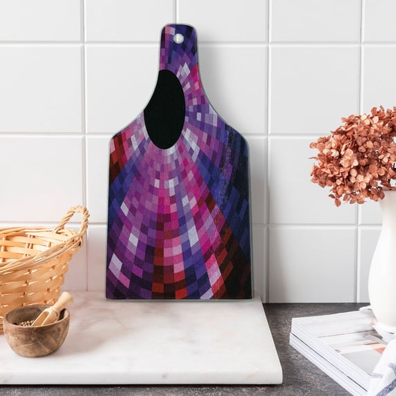 Abstract Cutting Board, Mosaic Pattern Design Vibrant Colors Tiles Modern Circular Geometric Graphic, Tempered Glass Cutting and Serving Board, Wine Bottle Shape, Pink Purple Red, by Ambesonne