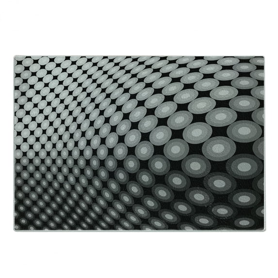 Abstract Cutting Board, Mosaic Pattern with Dots 3D Effect Digital Curvy Skewed Circular Art, Decorative Tempered Glass Cutting and Serving Board, Small Size, Black White Grey, by Ambesonne