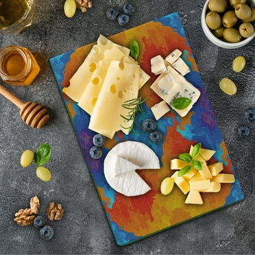 Abstract Cutting Board, Motif Vibrant Blue and Orange Psychedelic Image Symmetrical Contemporary Pattern, Decorative Tempered Glass Cutting and Serving Board, Small Size, Multicolor, by Ambesonne
