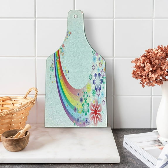 Abstract Cutting Board, Abstract Nature Fantasy Spring Floral Rainbow Stars Flowers Cheerful Fun Design, Tempered Glass Cutting and Serving Board, Wine Bottle Shape, Multicolor, by Ambesonne