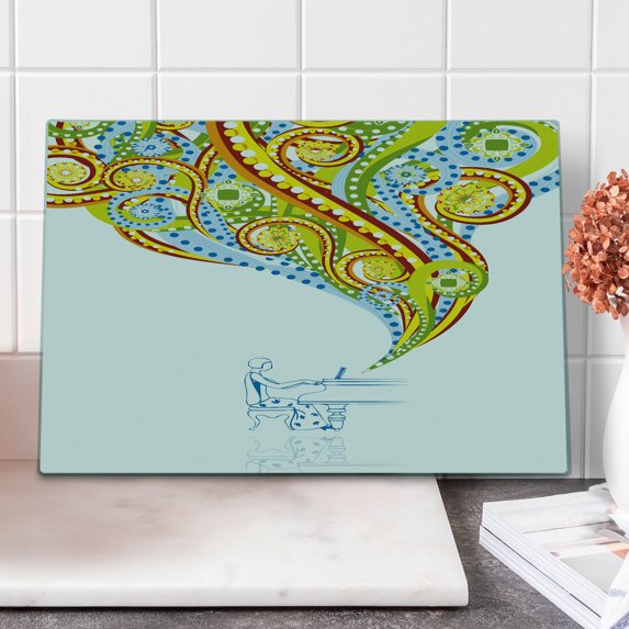 Abstract Cutting Board, Pianist Performing Swirls Colorful Music Coming out of Piano Instrument Hand Drawn, Decorative Tempered Glass Cutting and Serving Board, Large Size, Multicolor, by Ambesonne