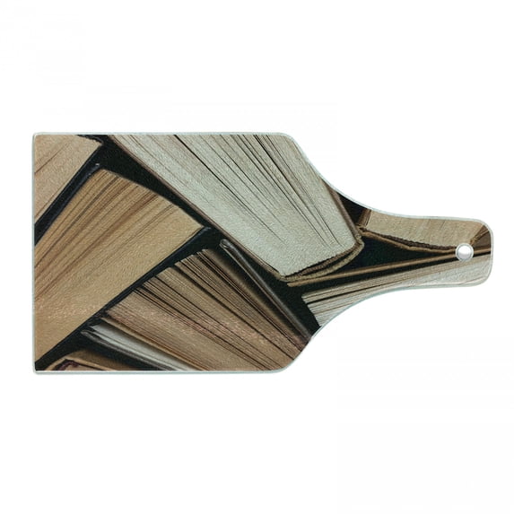 Abstract Cutting Board, Pile of Old Books Research Reading Library Literature Theme Picture, Decorative Tempered Glass Cutting and Serving Board, Wine Bottle Shape, Brown Beige, by Ambesonne