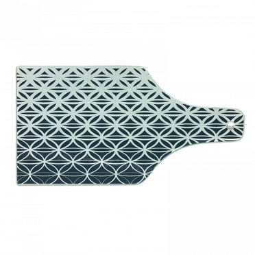 Abstract Cutting Board, Retro Geometric Ombre Inspired Pattern Classic Curves Illustration, Decorative Tempered Glass Cutting and Serving Board, Wine Bottle Shape, Petrol Blue and White, by Ambesonne