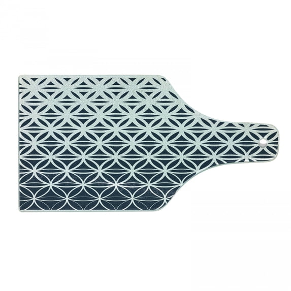 Abstract Cutting Board, Retro Geometric Ombre Inspired Pattern Classic Curves Illustration, Decorative Tempered Glass Cutting and Serving Board, Wine Bottle Shape, Petrol Blue and White, by Ambesonne