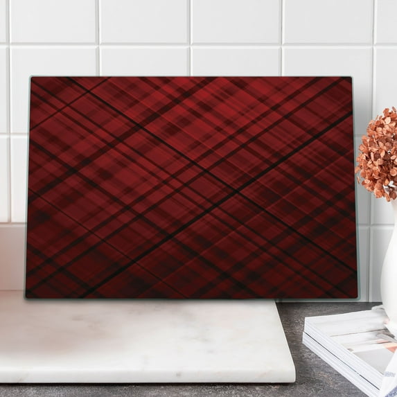 Abstract Cutting Board, Scottish Kilt Design Pattern with Stripes Lines Squares Ombre Image, Decorative Tempered Glass Cutting and Serving Board, Large Size, Burgundy Scarlet, by Ambesonne