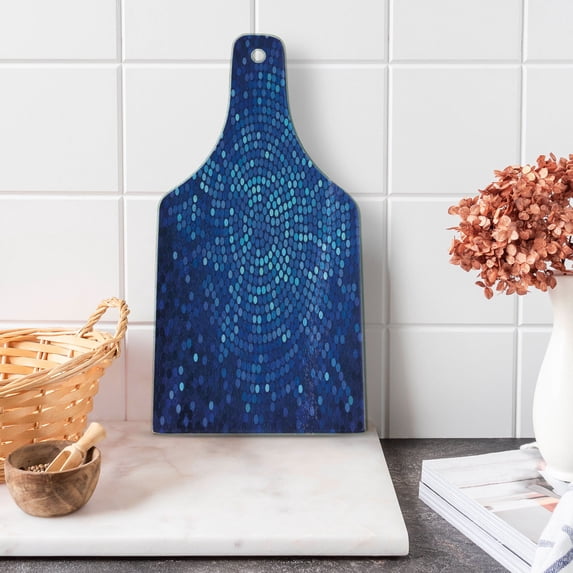 Abstract Cutting Board, Spiral Fractal Mosaic Backdrop with Dots Circle Rounds Disco Style Print, Tempered Glass Cutting and Serving Board, Wine Bottle Shape, Navy and Violet Blue, by Ambesonne