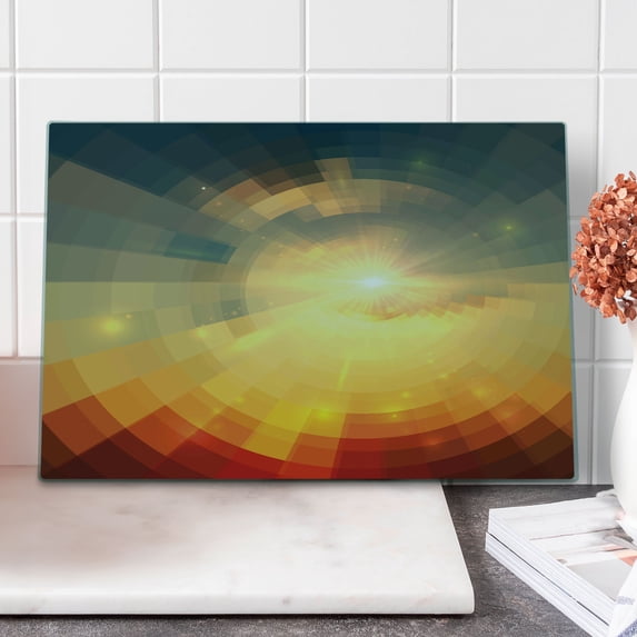 Abstract Cutting Board, Sunrise Sunbeams with Clear Sky Horizon Vector Image in Pixels Mosaic Art, Decorative Tempered Glass Cutting and Serving Board, Large Size, Multicolor, by Ambesonne