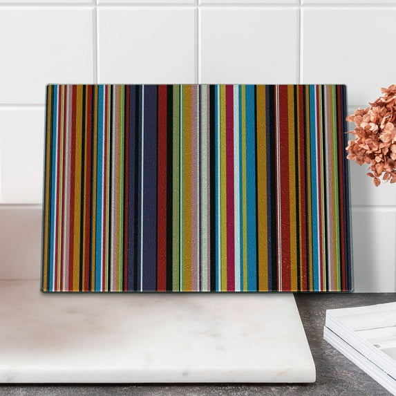 Abstract Cutting Board, Vibrant Colored Stripes Vertical Pattern Funky Modern Tile Illustration, Decorative Tempered Glass Cutting and Serving Board, Small Size, Multicolor, by Ambesonne
