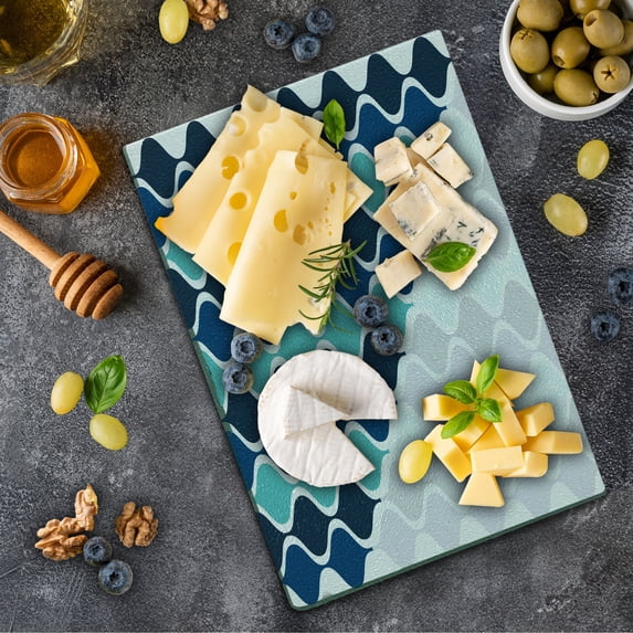 Abstract Cutting Board, Wavy Curved Tone Stripes with Spiral Swirl Lines Pattern, Decorative Tempered Glass Cutting and Serving Board, Small Size, Turquoise Dark Blue, by Ambesonne