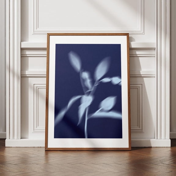 Abstract Cyanotype Print Navy Blue Motion Blur Botanical Moody Ethereal Wall Art Serene Bedroom Decor