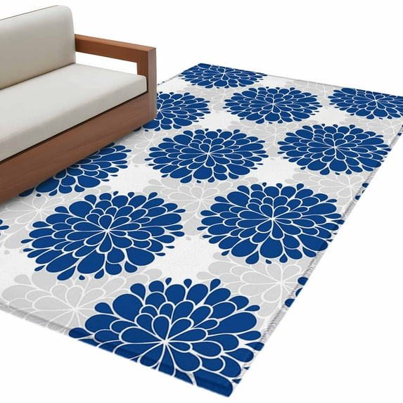 Abstract Dahlia Area Rug 3x5ft Vintage Deep Blue Country Farmhouse Classic Non-Slip Washable Square Rugs Soft Felt Indoor Floor Mat for Bedroom Kitchen Living Room Bathroom