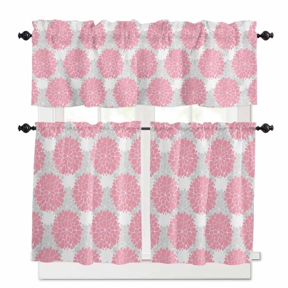 Abstract Dahlia Kitchen Curtains Valances and Tiers Set of 3, 24 Inch Length Tier Curtains and Valance Rod Pocket Valance Curtains Set for Kitchen Bathroom Small Windows