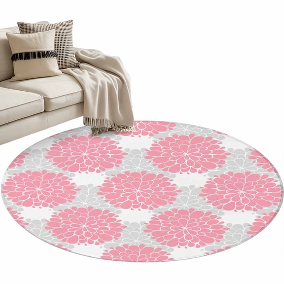 Abstract Dahlia Round Area Rug 4ft Vintage Pink Country Farmhouse Classic Non-Slip Washable Circle Rugs Soft Felt Indoor Floor Mat for Bedroom Kitchen Living Room Bathroom