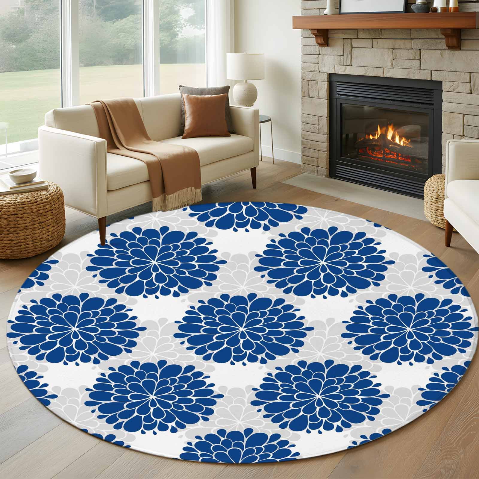 Abstract Dahlia Round Living Room Rugs 6 ft, Vintage Deep Blue Country ...