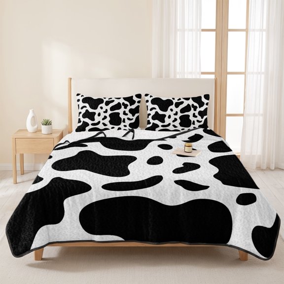 Abstract Dairy Cattle Cow Skin Texture 3 Pieces Quilt Set,1 Quilt with 2 Shams,Black and White Animal Pattern Bedspread Soft Lightweight Bedding Coverlet Comforter Set for All Season 96"x106"