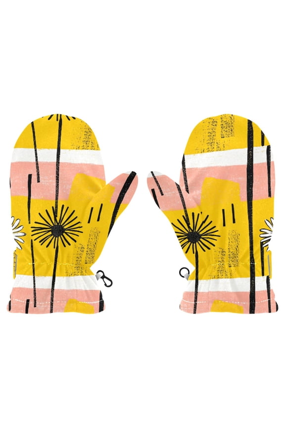 Abstract Daisies Pattern Cold Weather Mittens Cozy Gloves with Adjustable Fit Perfect for Outdoor Fun