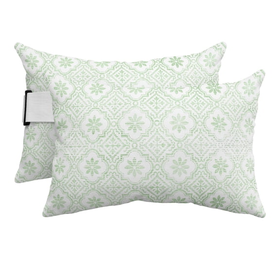 Abstract Damask Green Floral Outdoor Pillow for Chaise Lounge Chair,Middle Ages Geometric Waterproof Headrest Lumbar Pillows with Insert&Elastic Strap for Patio Pool Garden Chairs Decor,2 Pack