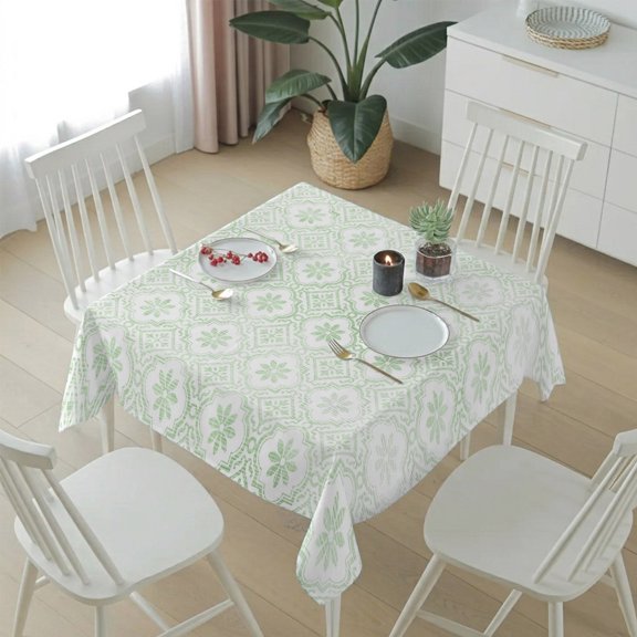 Abstract Damask Green Floral Table Cloth 54x54in, Waterproof Square Tablecloth Wipeable Tablecloths Middle Ages Geometric Table Covers for Dining Tables Party Indoor Outdoor