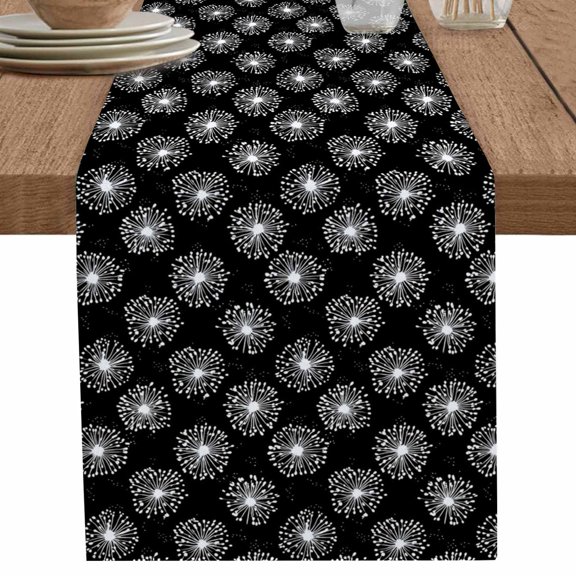 Abstract Dandelion on Black Table Runner-70 Inch Long Summer Pastoral Botanical Table Runners Linen Burlap Tablerunner for Kitchen Dining Room Holiday Party