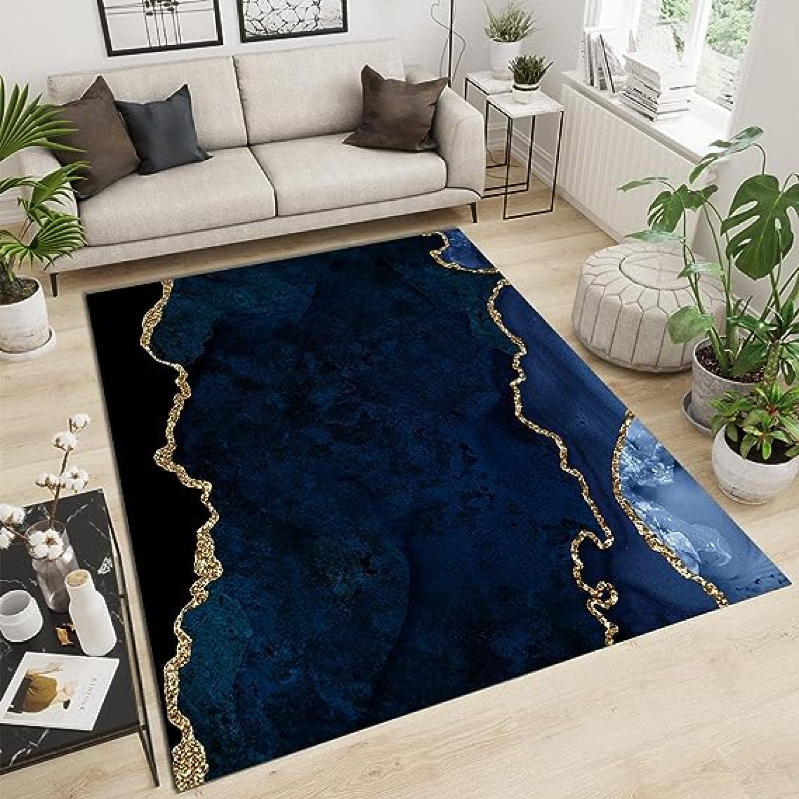 Abstract Dark Blue Marble Area Rug, Luxury Phnom Penh Black Starry Sky