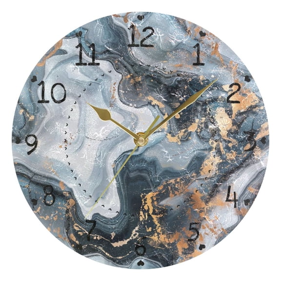 Abstract Dark Blue Marble Round Wall Clock Silent Analog Battery Operated Gold Pointer Home Decor 9.84" Diameter