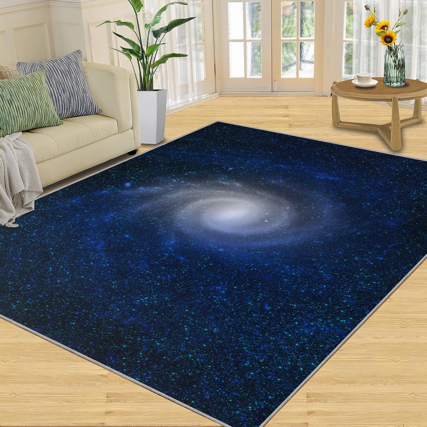 Abstract Dark Blue Rug, Spiral Cosmic Nebula Bedroom Rug, Washable Rug ...