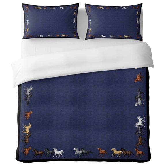 Abstract Dark Blue Texture California King Duvet Cover Set, Running Horses Silhouettes Decorative 3 Piece Bedding Set with Zipper Closure Soft Breathable Microfiber Comforter Cover 2 Pillowcases