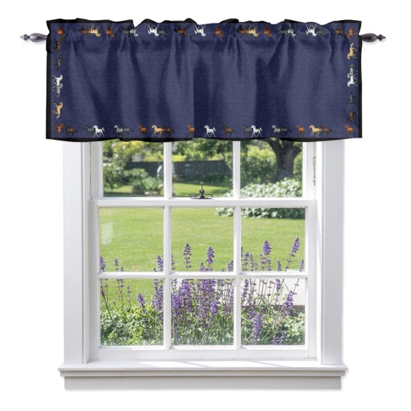 Abstract Dark Blue Texture Valances for Windows, Running Horses Animal Silhouettes Valance Window Treatment Rod Pocket Short Curtains Valances for Kitchen Bathroom 42"W x 12"L