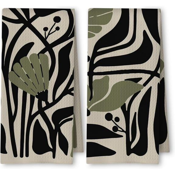 Abstract Dark sage Green and Black Boho Floral Kitchen Towels Set of 2, 70s Retro Groovy Botanical Dish Tea Towels for Kitchen Bathroom Decor, Mid Century Modern Hand Towels, 16x24 Inch