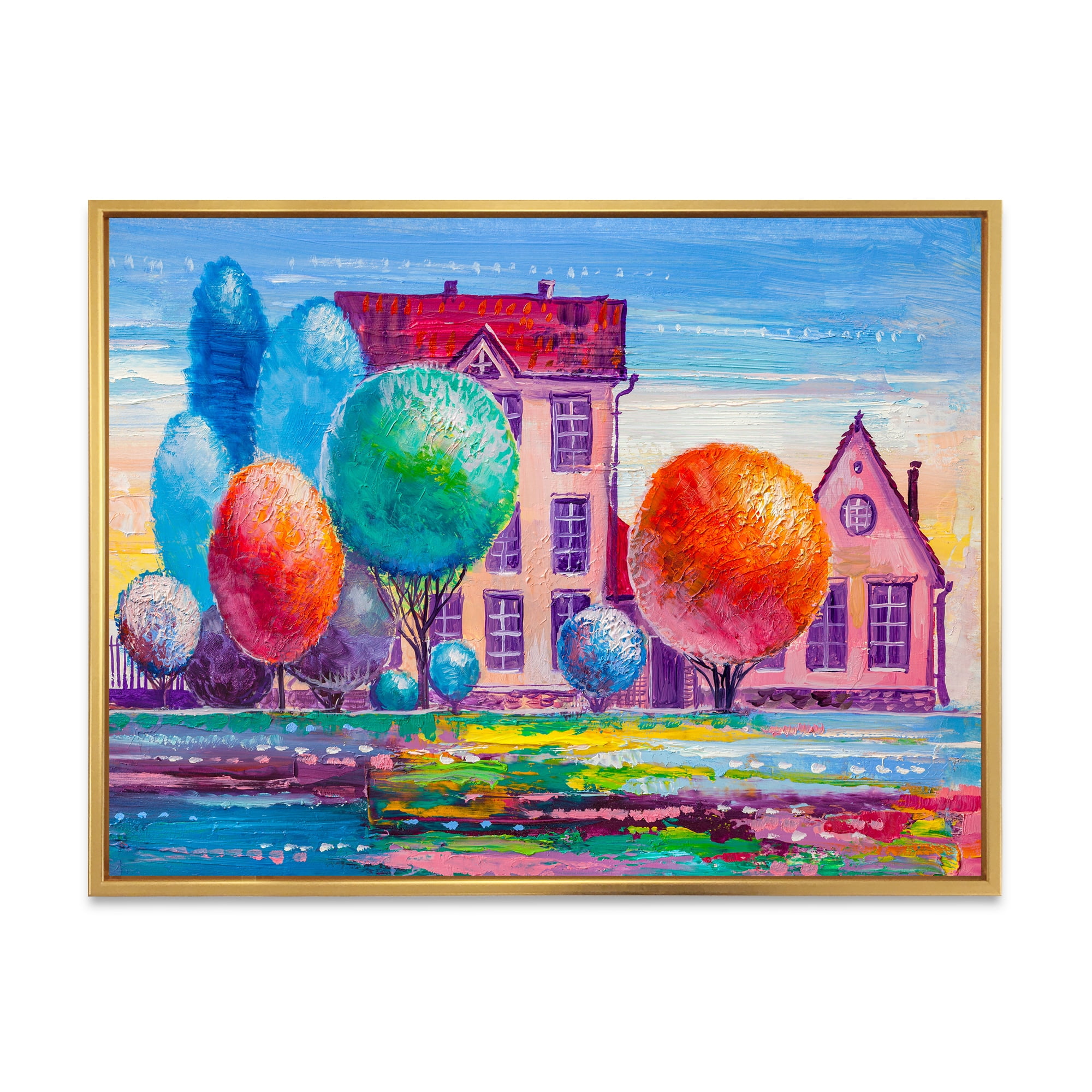 Abstract Daydream House In The VIllage 40 in x 30 in Framed Painting Canvas Art Print, by Designart
