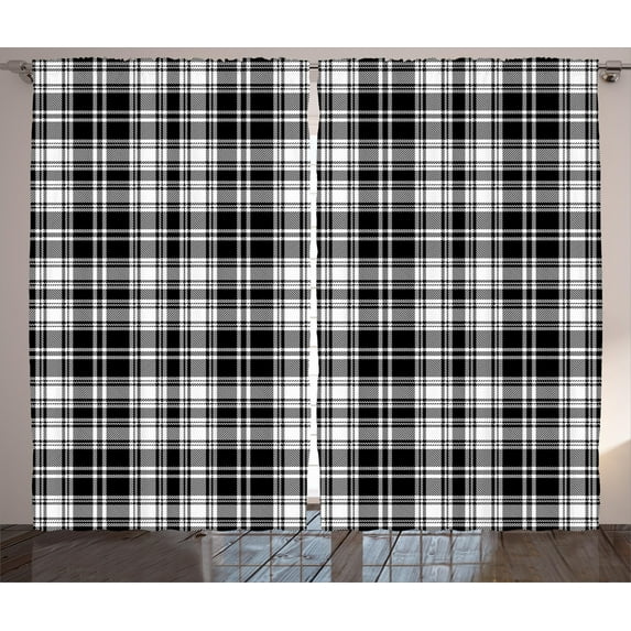 Ambesonne Abstract Curtains 2 Panel Set, British Tartan Pattern, 108" x 84", White Black