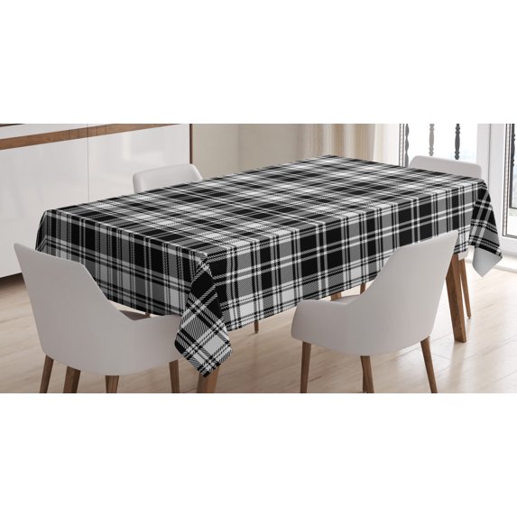 Abstract Decor Tablecloth, British Tartan Pattern with Vertical and Horizontal Symmetric Stripes Image, Rectangular Table Cover for Dining Room Kitchen, 52 X 70 Inches, Black White, by Ambesonne