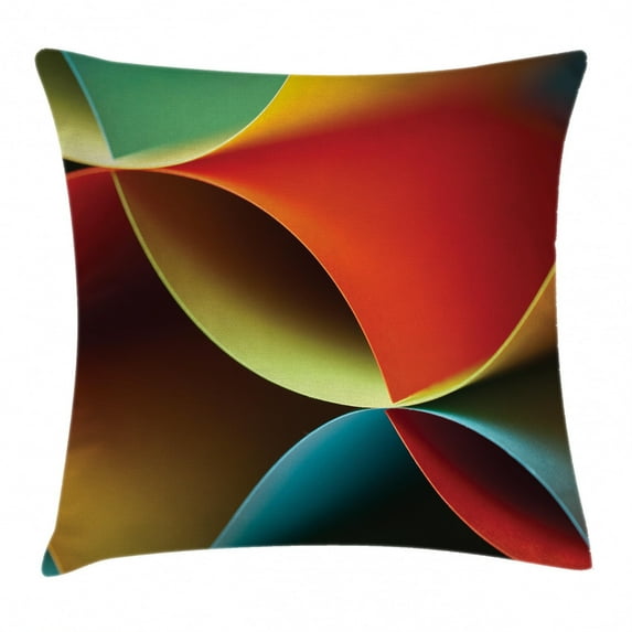 Abstract Decor Throw Pillow Cushion Cover, Graphic Curved Origami Design with Colored Details Artwork, Decorative Square Accent Pillow Case, 18 X 18 Inches, Orange Blue White and Red, by Ambesonne