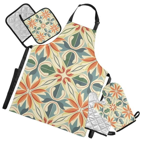 Abstract Decorative Digital Patterns Apron Set with Oven Mitts Pot Holders Set of 5 Kitchen Stuff Accessories