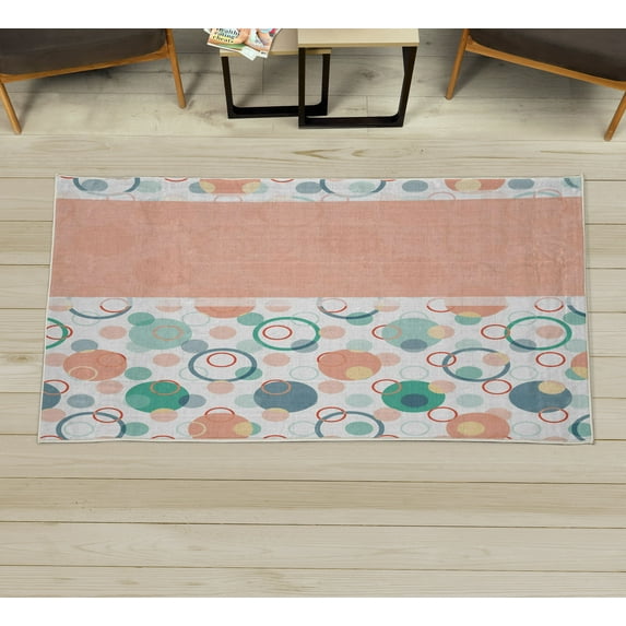 Abstract Decorative Rug, Circular Shaped Round Interlace Forms Retrospective Style Print Illustration, Quality Carpet for Bedroom Dorm and Living Room, 6 Sizes, Peach Teal, by Ambesonne