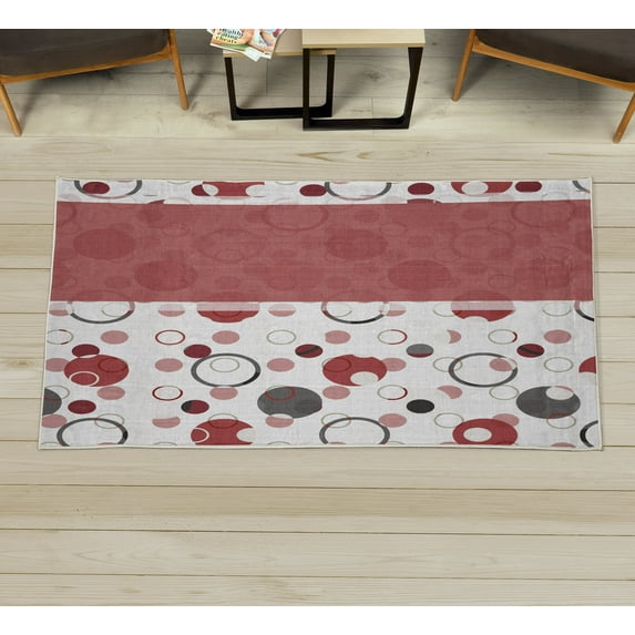 Abstract Decorative Rug, Circular Shaped Round Interlace Forms Retrospective Style Print Illustration, Quality Carpet for Bedroom Dorm and Living Room, 6 Sizes, Pale Ruby, by Ambesonne