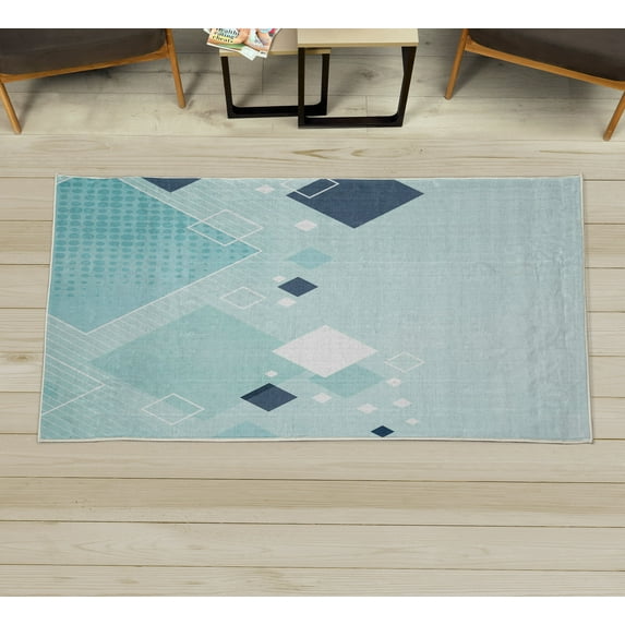 Abstract Decorative Rug, Geometric Composition Different Colored Squares Striped Dotted Rhombus, Quality Carpet for Bedroom Dorm and Living Room, 6 Sizes, Turquoise White, by Ambesonne