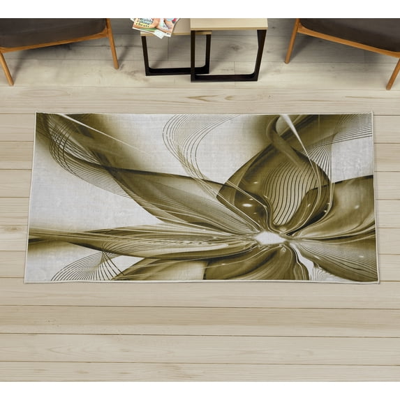 Abstract Decorative Rug, Geometrical Smoke Like Striped Huge Flower Floral Design Work of Art, Quality Carpet for Bedroom Dorm and Living Room, 6 Sizes, Dark Khaki, by Ambesonne